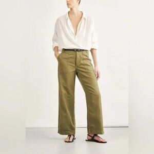 Nili Lotan Leon Boy Pant Wide Leg Linen Blend in Olive Green Size 4